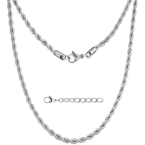 Silvadore 4mm Silver ROPE Chain For Men Necklace Women - Non-Tarnish Strong Stainless Steel - Twist Link Diamond-Cut Jewelry Gifts - 51cm - 20 inch UK Cover
