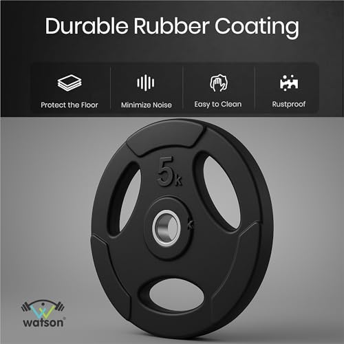 Image of WATSON 3 Cut Rubber Coated Metal Weight Lifting Bar Plates With Metal Bush Compatible Upto 30mm Gym Rods, Home Gym Weight Plates For Men & Women (40Kg Set (5Kgx8))