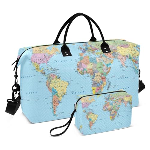 OTVEE Travel Bag Set Colored World Map Quilted Gym Duffel Bag Overnight Weekender Bags
