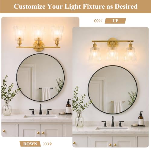 Image of Bathroom Light Fixtures, 3-Light Gold Bathroom Vanity Lights Over Mirror