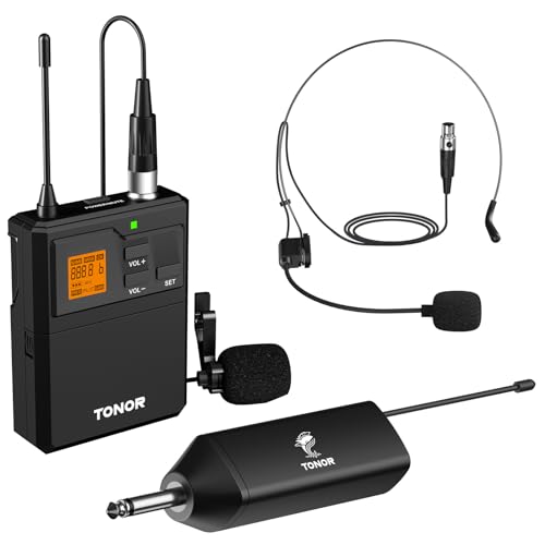 Bezprzewodowy system mikrofonów TONOR UHF z mikrofonem słuchawkowym/mikrofonem klapkowym Lavalier, nadajnik Bodypack, odbiornik ładowalny, 5-kanały, 60M zakres 1/4" wyjście do nagrywania głośnika PA
