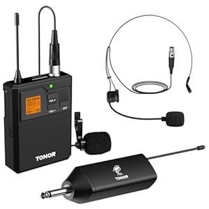 TONOR UHF Wireless Microphone System with Headset Mic/Lavalier Lapel Mic, Bodypack Transmitter, Rechargeable Receiver, 15 Channels 200ft Range 1/4″ Output for Recording Live Performance PA Speaker