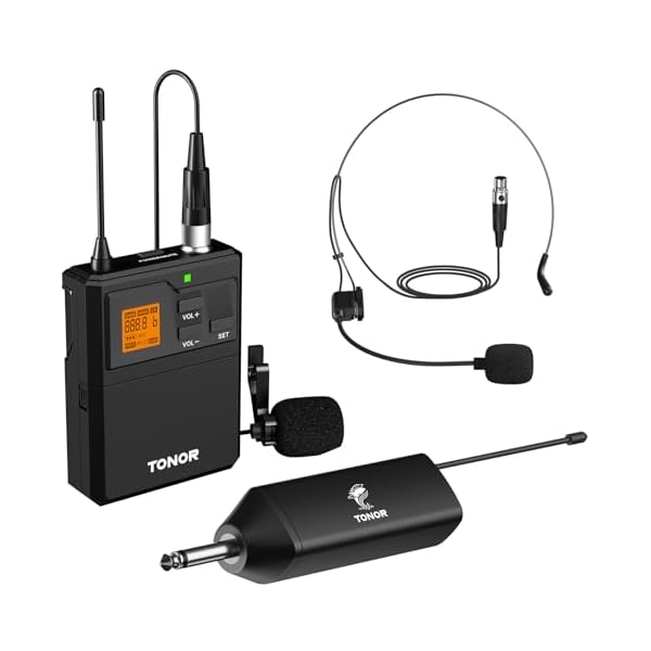 TONOR UHF Wireless Microphone System with Headset Mic/Lavalier Lapel Mic, Bodypack Transmitter, Rechargeable Receiver, 15 Channels 200ft Range 1/4″ Output for Recording Live Performance PA Speaker