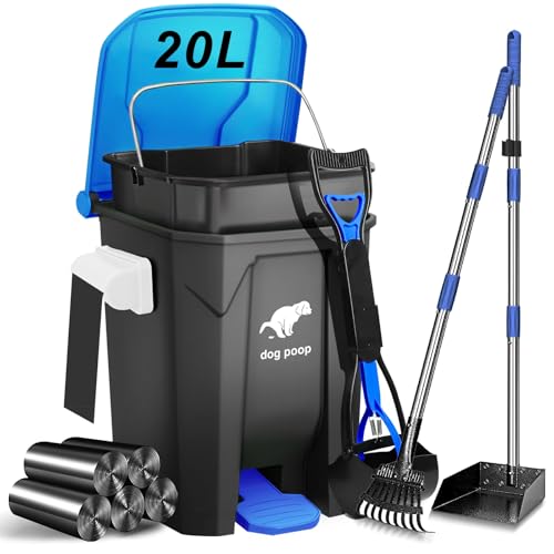 Image of Dog Poop Trash Can Outside with Pooper Scooper and Metal Rake & Tray, 20L /5Gal Dog Waste Trash Can with Lid, Pedal and Removable Inner Waste Bin, Pet Poop Bin with 100 Bags, Blue