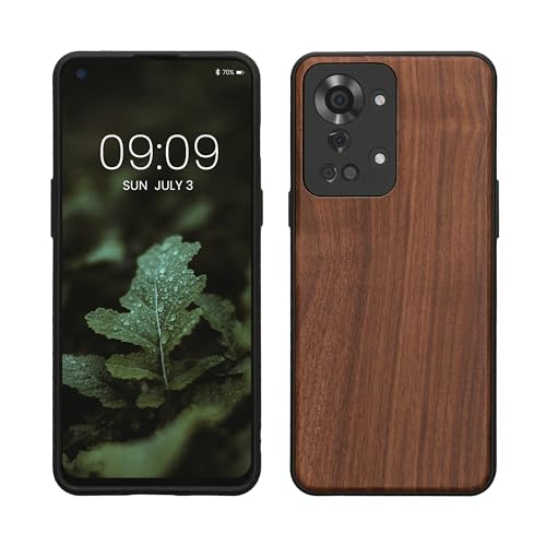 kwmobile Custodia Compatibile con OnePlus Nord 2T 5G Cover - Protezione in Legno per Smartphone - Back Case con Bumper in Silicone TPU - Marrone Scuro