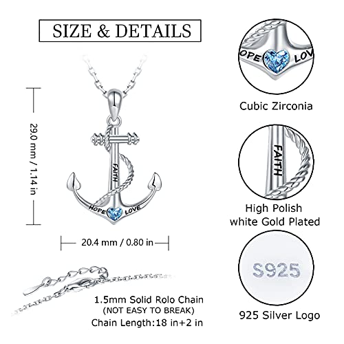Wendao 925-Sterling-Silver Sailor Anchor Necklace For Women - Engraved Ship Nautical Jewelry White Gold Plated Chain Faith Hope Love Inspirational Navy Blue Heart Cubic Zirconia Pendant Gifts thumb #5