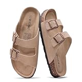 KIDMI Women's Genuine Suede Sandals with Arch Support, Cork Footbed Summer Adjustable Slide Sandals, Apricot 39