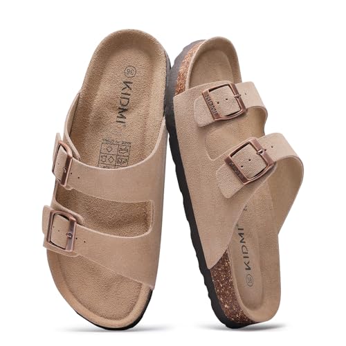 Image of KIDMI Unisex Summer Sandals Arch Support Cork Footbed Slide Sandals with Double Adjustable Buckle for Women Men
