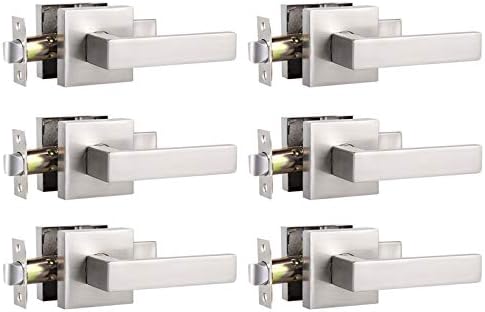 Knobonly 6 x Hall Cloest No Locking Keyless Passage Door Handle Duty Square Door Lever Satin Nickel