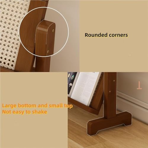 3-Tier Rattan Book Rack & Bamboo Magazine Holder, Multi-Purpose Floor Display Stand for Office & Living Room - T-Leg Design for Enhanced Stability (53 cm)