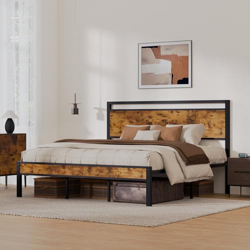 Image of King Metal Bed Frame with Wooden Headboard and Footboard, Heavy Duty Platform Frame with Metal Slats, No Box Spring Needed, Quiet and Non-Slip Design, Space Saving Bed Frame for Bedroom, Vintage Brown