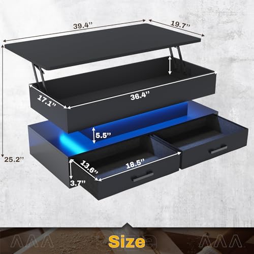 Sedeta 40 Inch Lift Top Coffee Table, Coffee Tables With Storage For Living Room, Small Coffee Table With 2 Fabric Drawers & Led Light For Dining Reception Room thumb #1