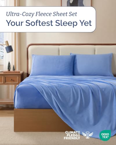 Image of Fleece Sheets Twin Size Set - 3-Piece Velvet Flannel Sheet Set - Vista Blue