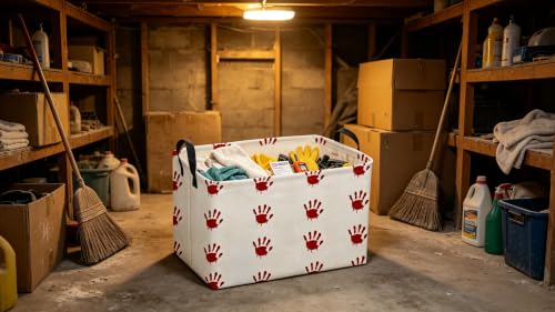 Image of Sanjiaofeng Rectangular Kids Basket Halloween Spooky Storage Bins,Gloomy Storage Basket with Handles.Clothers,Books,Kid's Gifts Bins.Halloween Party Baskets(Blood Hand)