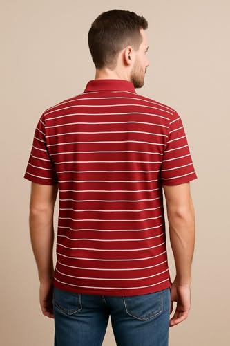 Image of WILD ELEPHANT Men Striped Polo T-Shirt | Cotton Short Sleeve Polo Neck with Button | Chest Pocket Casual Wear