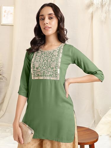 Image of MIRCHI FASHION Women's Straight Fit Rayon Sequins Embroidered and Polka Dots Printed Kurti Only