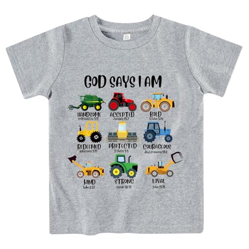 Kids Toddler Little Boys T-Shirt God Says I Am Construction Bible Verse Truck Excavator Tractor Shirt 2-7 Years
