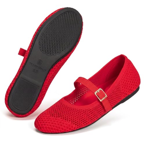 Image of Frank Mully Women's Mary Jane Flats Comfortable Dressy Ballet Flats Casual Round Toe Slip On Washable Knitted Fabric Office Work Woman Shoes