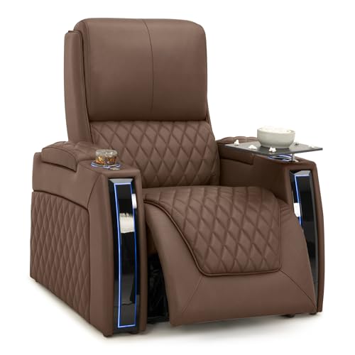 Image of Seatcraft Apex Tobacco Italian Leather Home Theater Seating, Zero Gravity Power Recliner Chair, Powered Headrest and Lumbar Gaming and Lounge Sofa Furniture for Cinema Room, Single Recliner