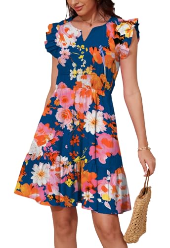 Image of Jayscreate Women's Ruffle Sleeve Layered Dress Pockets Elastic Waist 2025 V Neck Above Knee Summer Casual Cute Dress