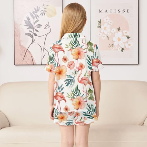 ALAZA Watercolor Flamingo Bird Palm Leaf Blossom Satin Pajamas Set Short Sleeve Button Down Sleepwear Summer Pjs 2 Piece4