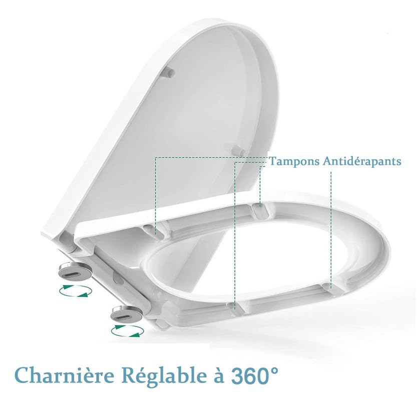 Siège WC Forme U/D en PP, 02B, 42x33cm, Abattant WC avec Fermeture en Douceur, Lunette WC Blanche Universelle avec Dégagement Rapide à Un Bouton pour Facile à Installer et à Nettoyer