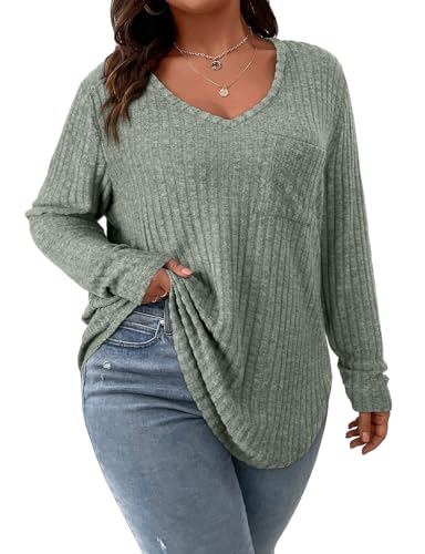Image of Koscacy Women Plus Size Casual Knit Sweater with Pocket V Neck Solid Color Tops Lightweight Long Sleeve Blouses