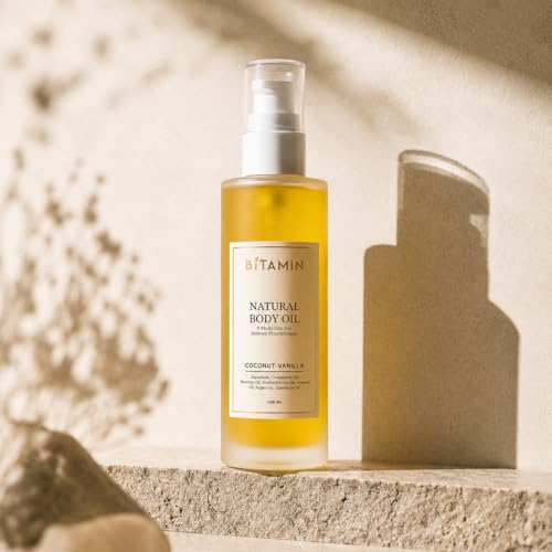 Image of Bitamin Natural Body Oil | Moisturizing 9 Multi Oil Blend for Dry Skin | Men & Women after bath Body massage Oil | Suitable for Stretch Marks & Scar Removal | Vit E Lightweight Coconut Vanilla | 100ml