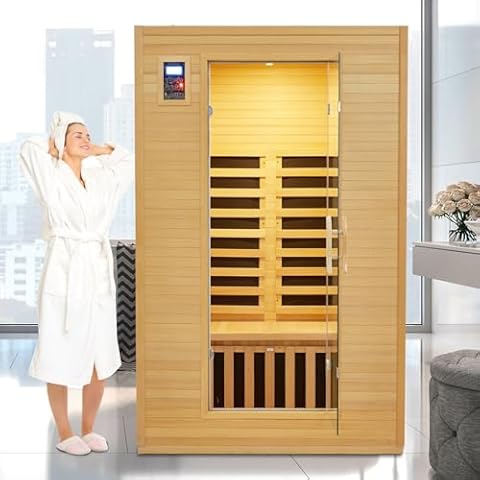 MERXENG 2 Person Infrared Sauna, Low EMF Infrared Sauna for Home, Indoor Sauna Room, Hemlock Wooden Far Infrared Sauna, Dry Sauna with Bluetooth Speakers, LED Reading Lamp and Chromotherapy Lamp Cover