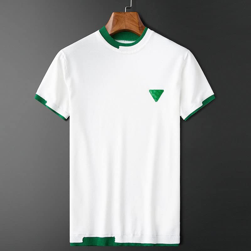 ZJHYXYH White Green Stitching Knitted T-shirt Men's Casual Short