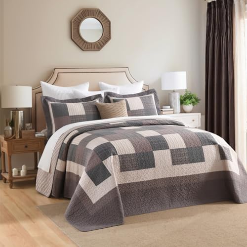 Image of EWlinens 100% Cotton 120 inchx120 inch Oversized King Bedspread - Farmhouse Extra Large Quilts King Size, All Season Patchwork Plaid Rustic Striped Quilt Bedding Set, 3pcs, Chocolate Malt /Brown /Black /Beige