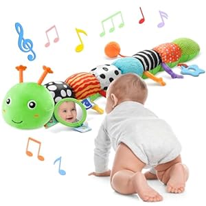 Baby Toys 6-12 Months Music Caterpillar Infant Toys Stuffed Animals 0-3-6 Months Tummy Time Teething Sensory Toys with Mirror Rattle&Pull String for Boys Girls Birthday Gifts|Green,Knot Limb
