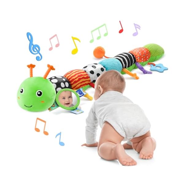 Baby Toys 6-12 Months Music Caterpillar Infant Toys Stuffed Animals 0-3-6 Months Tummy Time Teething Sensory Toys with Mirror Rattle&Pull String for Boys Girls Birthday Gifts|Green,Knot Limb