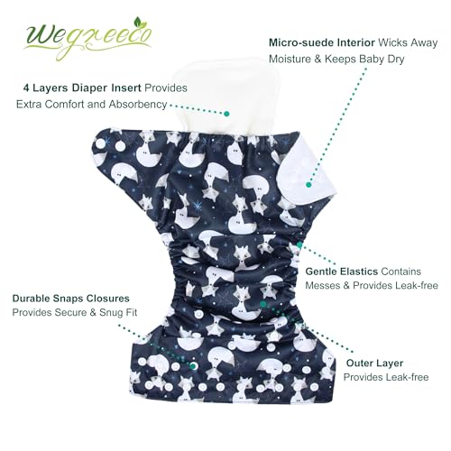 Image of wegreeco Cloth Diapers 6 Pack with 6 Inserts & 1 Wet Bag, Washable Cloth Diapers for Babies, One Size Adjustable Reusable (Cool Animals)