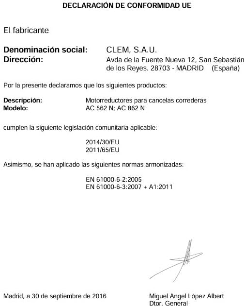 EU Declaration of Conformity for CLEMSA AC 562 N