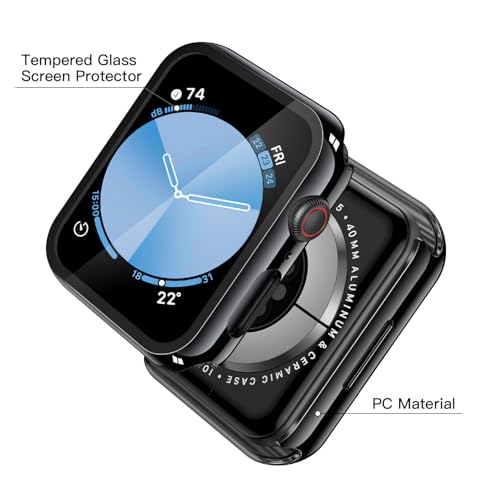 Image of Misxi 2 Pack Tempered Glass Case Compatible for Apple Watch SE 3 (2025) SE 2 SE Series 6 Series 5 Series 4 40mm, Hard PC Screen Protector Protection Ultra-Thin Cover for iWatch, 1 Jet Black + 1