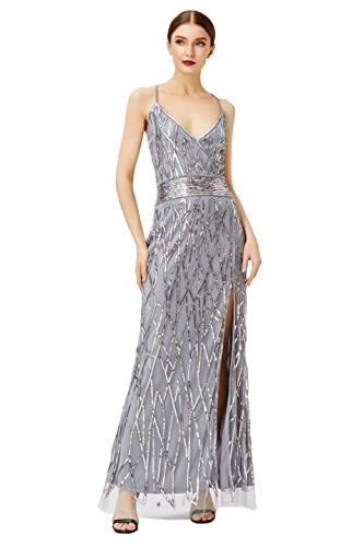 BABEYOND Women Sequin Long Dress Maxi Evening Dress Sleeveless (X-Large, Silver Gray)