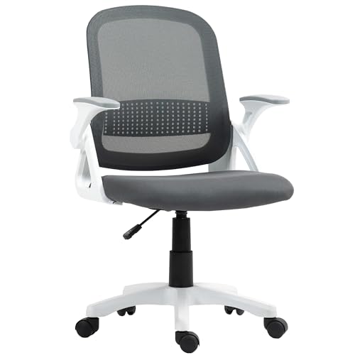 HOMCOM Bürostuhl Ergonomischer Schreibtischstuhl mit aufklappbarer Armlehne, Lendenwirbelstütze Höhenverstellbarer Drehstuhl mit Wippfunktion, Netzbespannung, Computerstuhl für Homeoffice Grau