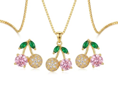 KuchhBhiKharido Anti-Tarnish Cherry Pendant Necklace and Earring Set, Gold-Plated with Pink
