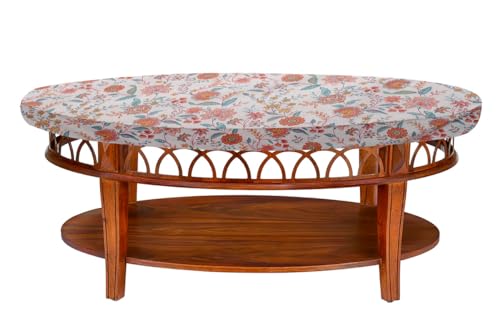Image of The Furnishing Tree Elastic Cotton Oval Center Table Cover 16x48 in Inches Floral Multicolor on offwhite Base