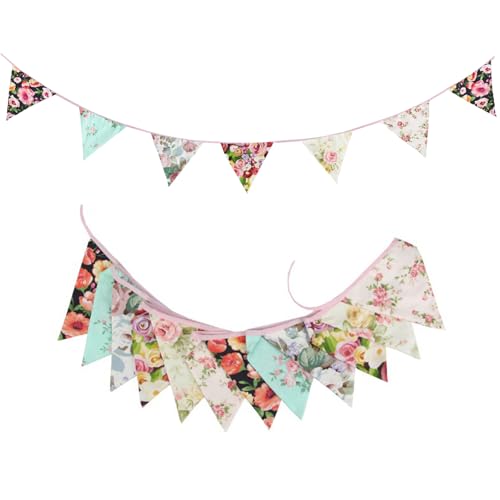 Image of Zwiebeco 32Ft Big Floral Fabric Pennant Banner Bunting Cotton Flowers Triangle Flags Garland Decorations for Birthday Wedding Engagement Baby Shower Tea Party Spring Rustic Village Home Garden Decor