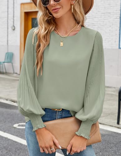 Aifer Womens Tops Dressy Casual Crew Neck Pleated Lantern Long Sleeve Work Shirts Chiffon Blouses Fashion 20253