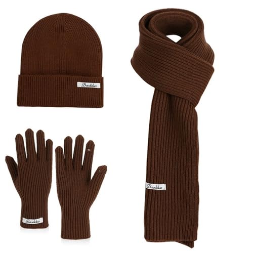 BESTORI Donna Cappello Sciarpa Invernali Guanti Set Elastico Caldo Cappello In Maglia Berretto Sciarpa Touchscreen Guanti, Marron