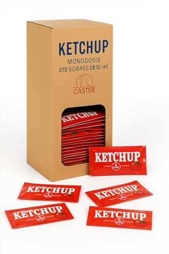 Ketchup en Sobres 12g – Caja Dispensadora con 270 Monodosis Individuales | Receta Tradicional – Ideal para Hostelería y Uso Diario – Caster