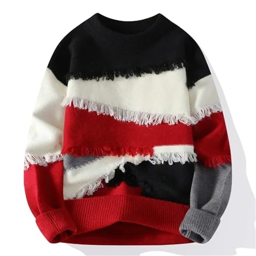 Men’S Retro Hole Fringed Patchwork Knit Pullover Round Neck Long Sleeve Slip-On Vintage Tassel Jumper Tops4
