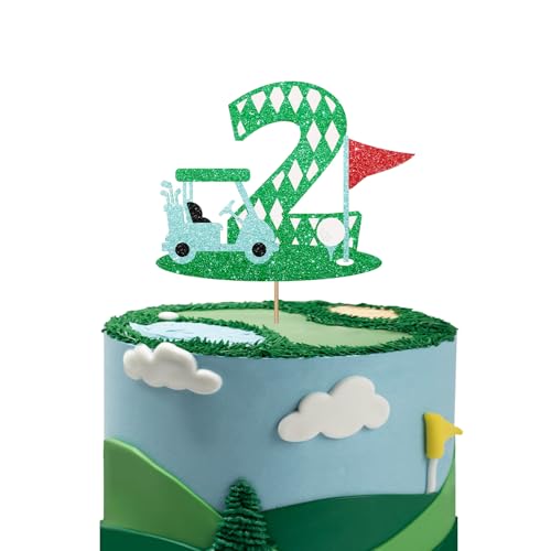 Golf 2Nd Birthday Cake Topper, Blue Glitter Golf Two Cake Topper, 2 Years Old Cake Decor For Boy, Outdoor Sport Theme 2Nd Anniversary Party Supplies