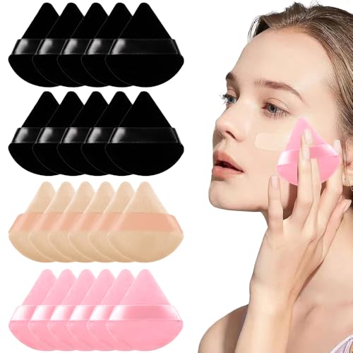 ZENQARI 20 Piezas Borla Maquillaje Esponjas Faciales Triangulares Maquillaje Lavable y Reutilizable Apto para Base en Polvo y Líquida Polvo Corrector Rubor (10 Negro + 5 Rosa + 5 Color de Piel)