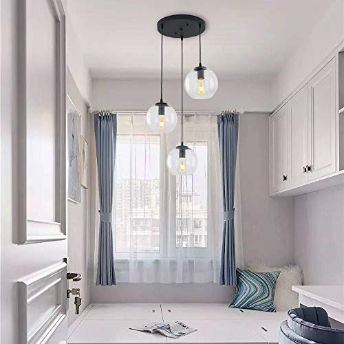 Lmsod 3 Lights Globe Pendant Light, Modern Hanging Lighting Fixture, Matte Black Classic Cluster Chandelier With Clear Glass Shades For Kitchen Island Dining Room #TOP5