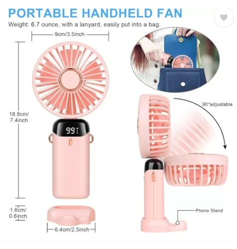 Image of Mini Portable Fan | Rechargeable USB Handheld Fan | 5-Speed Adjustable, Handheld Cooling Fan for Home, Office, Car, and Travel | Compact & Lightweight Design | 90 Foldable Desk Fan with Base (Pink)