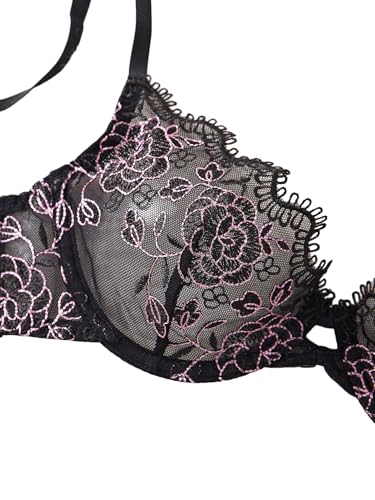 Image of Lilosy Sexy Floral Embroidered Mesh Sheer Underwire Lingerie Set